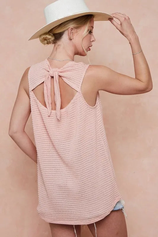 Pink Popcorn Waffle Open Back Top with Tied Ribbon - Tigbul's Variety Fashion Shop