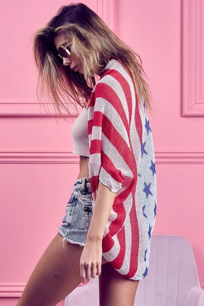 American Flag Theme Cocoon Knit Cardigan - Tigbul's Variety Fashion Shop