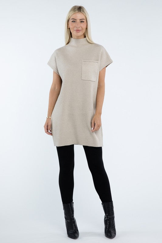 Mock Neck Short Sleeve Sweater Dress with Pocket - Tigbul's Variety Fashion Shop