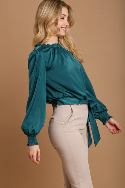 Umgee Frill Tied Hem Long Sleeve Blouse - Tigbul's Variety Fashion Shop