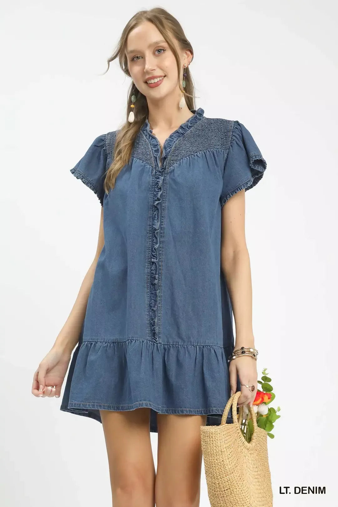 Washed denim ruffle dress, LT denim, button front, short flutter sleeves, tiered hem