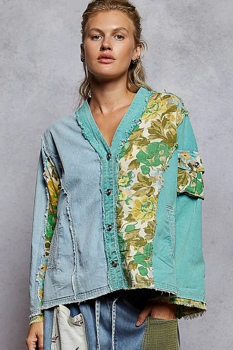 POL Button Down Floral V-Neck Long Sleeve Raw Hem Top - Tigbul's Variety Fashion Shop