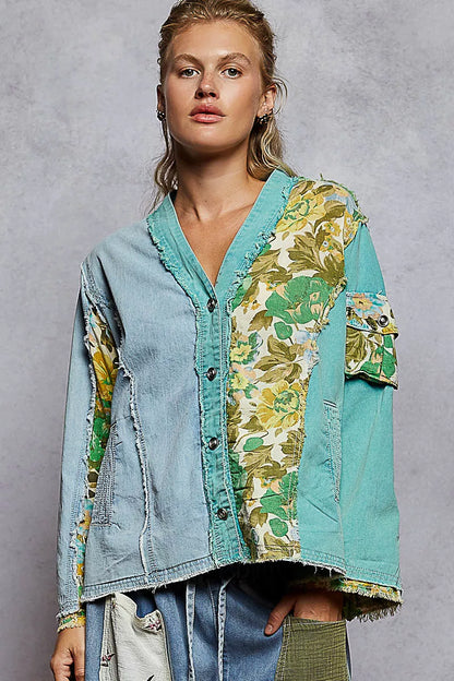 POL Button Down Floral V-Neck Long Sleeve Raw Hem Top - Tigbul's Variety Fashion Shop