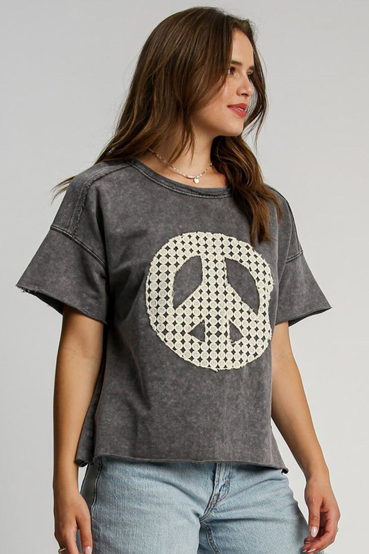 Umgee Full Size Mineral Wash T-Shirt with Lace Applique Plus Size - Tigbul's Variety Fashion Shop