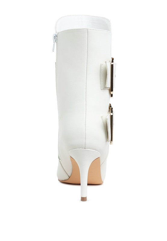 White ankle boots, back view with side buckles and slim high heel