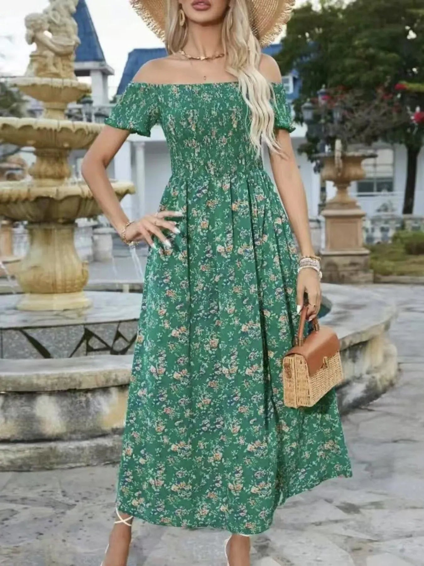 Full Size Slit Off-Shoulder Floral Midi Dress Plus Size - Tigbul's Variety Fashion Shop