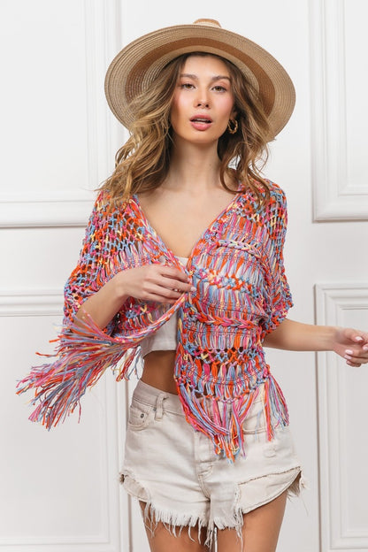 BiBi Open Front Fringed Crop Knit Cardigan - Tigbul's Variety Fashion Shop