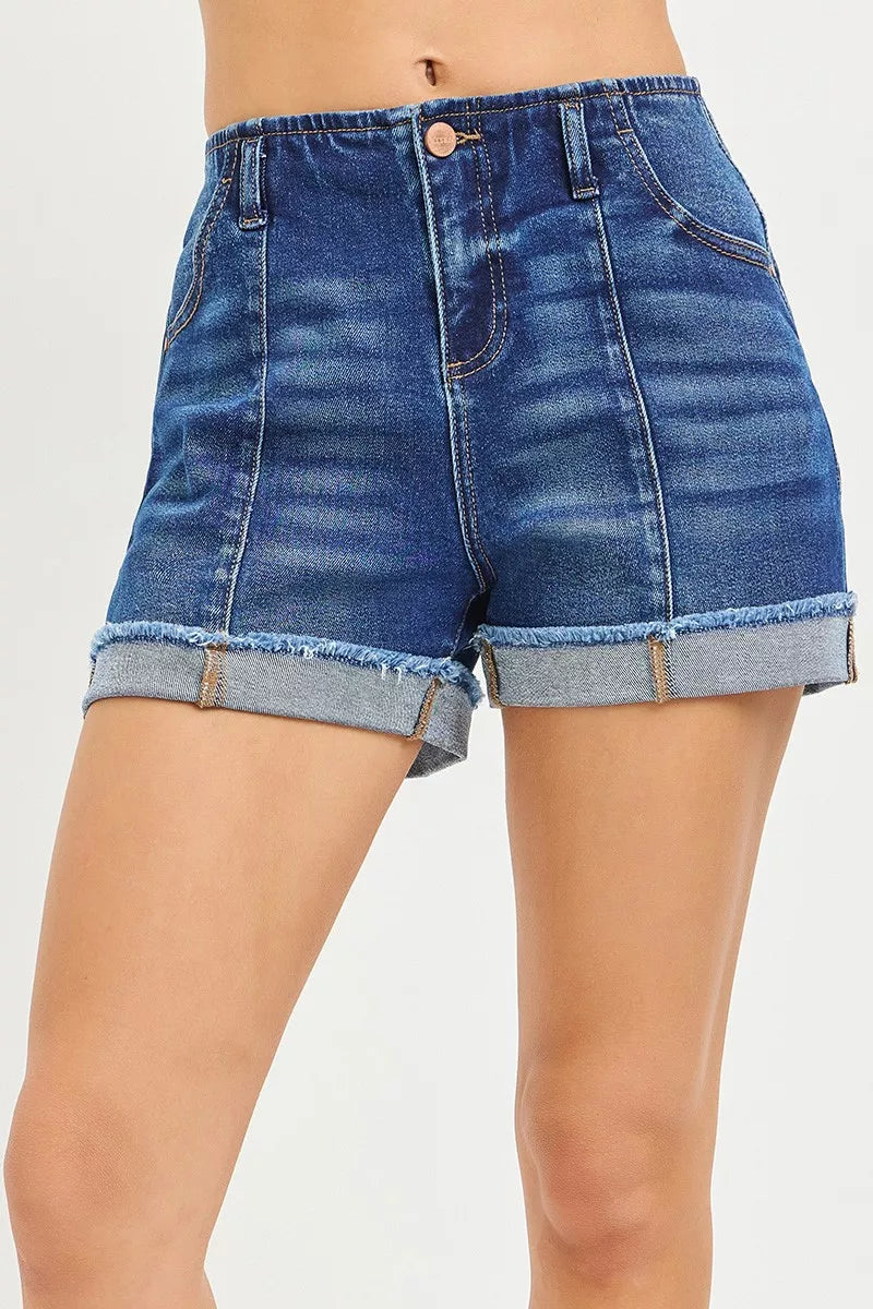 Dark denim slouchy shorts, cuffed hem, button waistband, front pockets