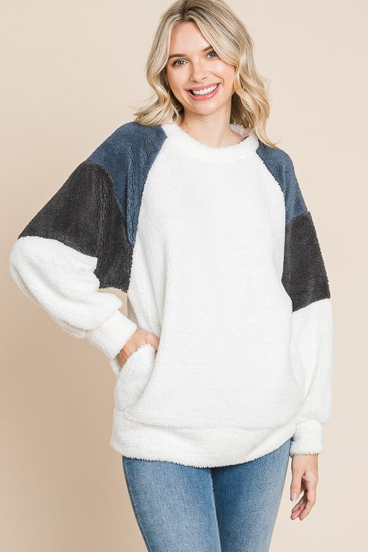 Culture Code Color Block Faux Fur Raglan Sleeve Sweatshirt - Tigbul's Variety Fashion Shop