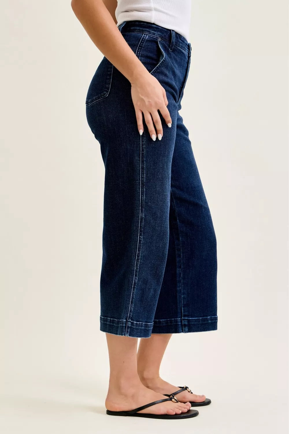 Dark blue high-waist wide-leg ankle jeans, side view with front seam details