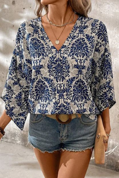 Printed V-Neck Three-Quarter Sleeve Blouse - Tigbul's Variety Fashion Shop