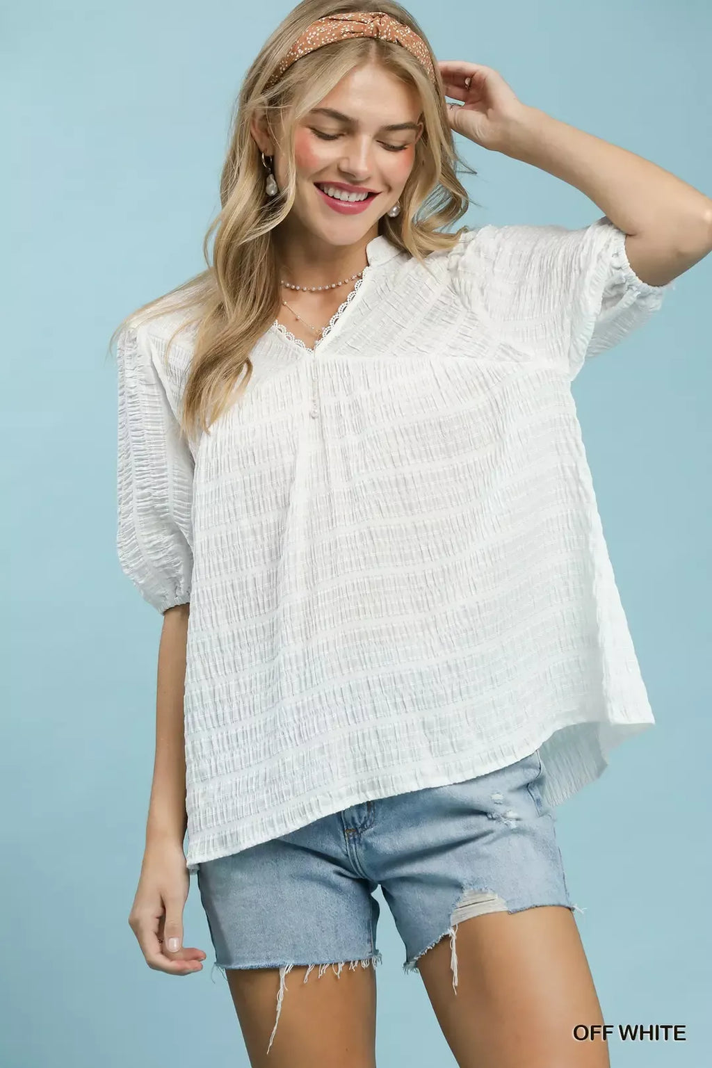 Off-White textured puff-sleeve blouse, V-neck lace trim