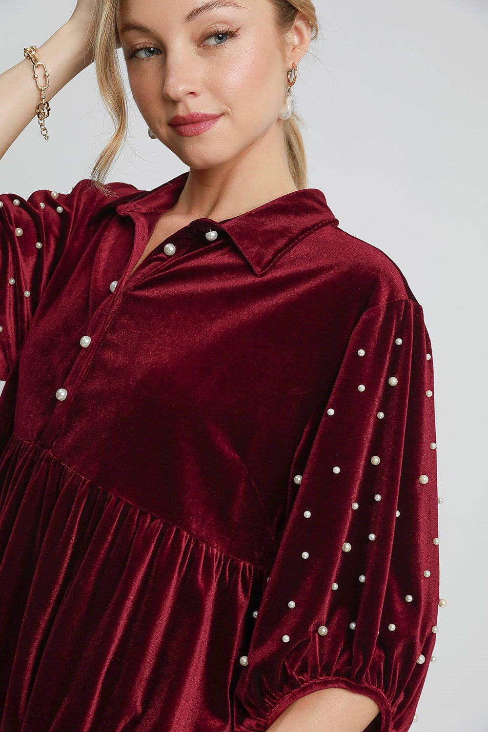 Pearl Detail Collared Neck Velvet Babydoll Blouse - Tigbul's Variety Fashion Shop