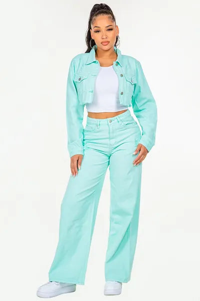 Mint Blue High Waist Distressed Wide Leg Jeans