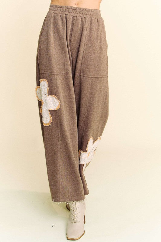 Brown Flower Patch Elastic Waist Wide Leg Pants - Tigbul's Variety Fashion Shop