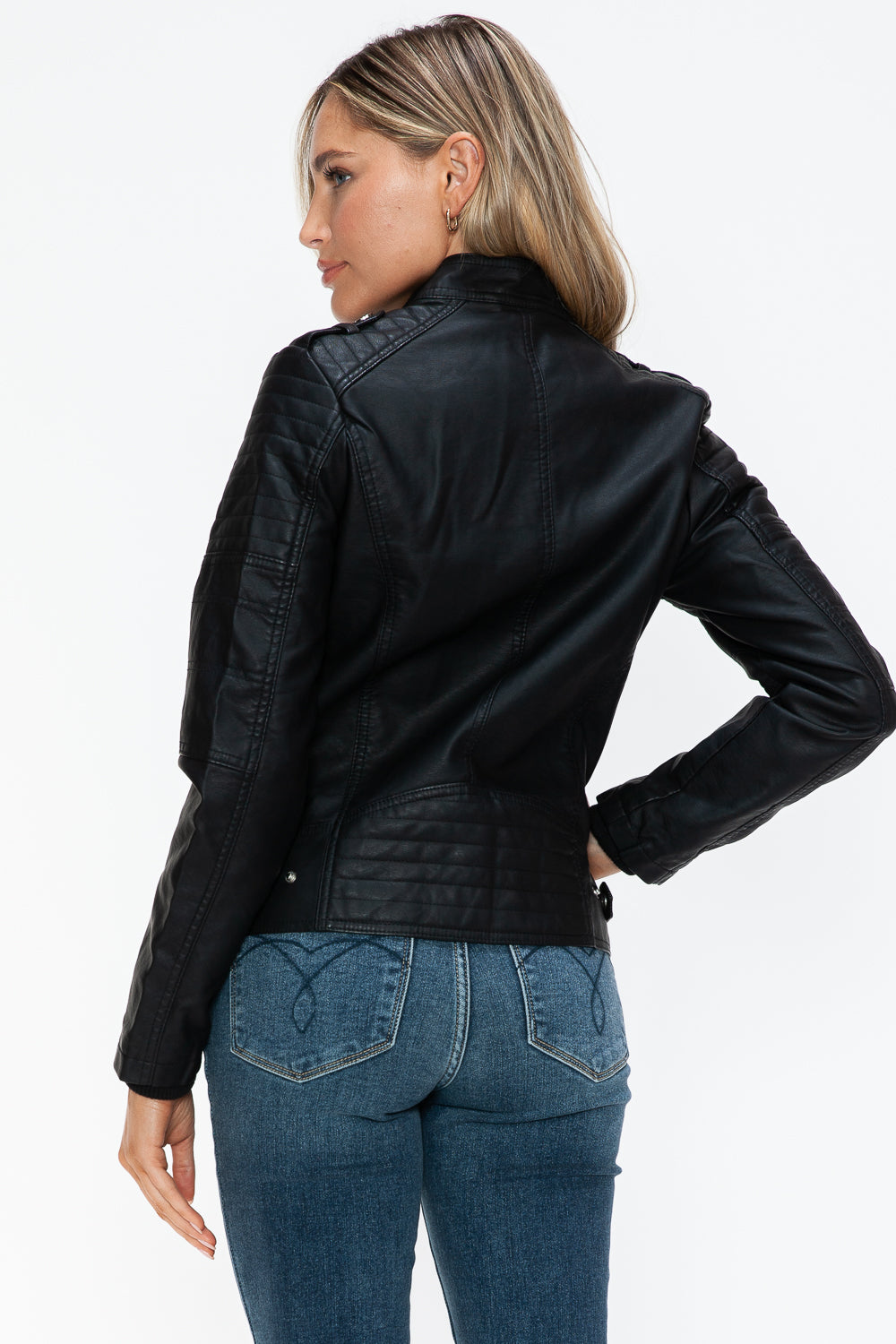 Black PU Leather Biker Jacket with Side Zip Pockets