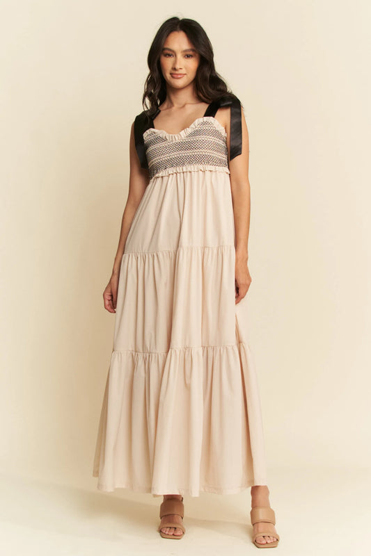 Beige Multi Contrast Smocked Bodice Straps Maxi Dress - Tigbul's Variety Fashion Shop