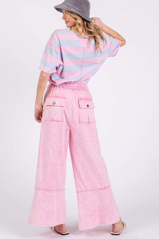 Pink Mineral Washed Terry Wide Leg Pants - Tigbul's Variety Fashion Shop