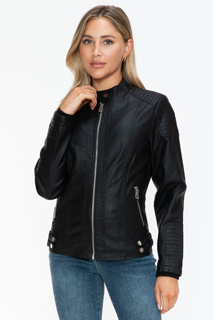 Black Faux Leather Biker Jacket with Side Zip Pockets