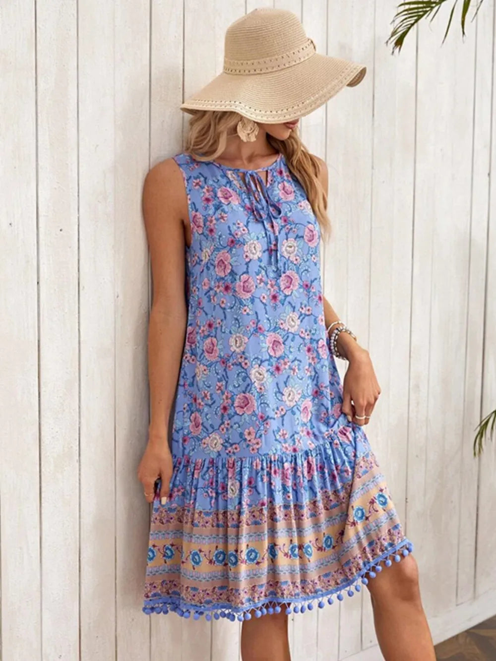 Tie Neck Sleeveless Floral Dress - Tigbul's Variety Fashion Shop