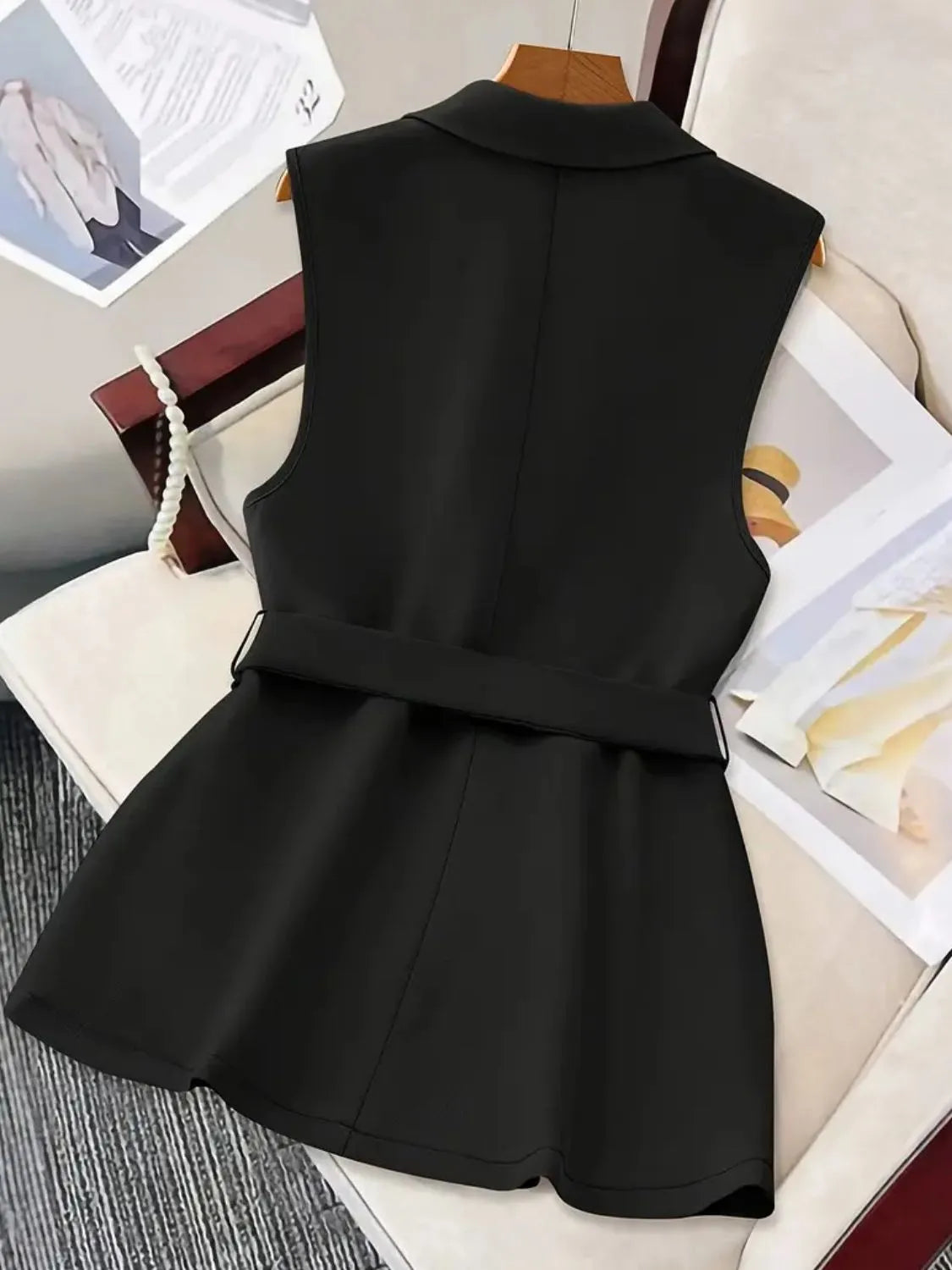 Tie Waist Lapel Collar Sleeveless Blazer - Tigbul's Variety Fashion Shop