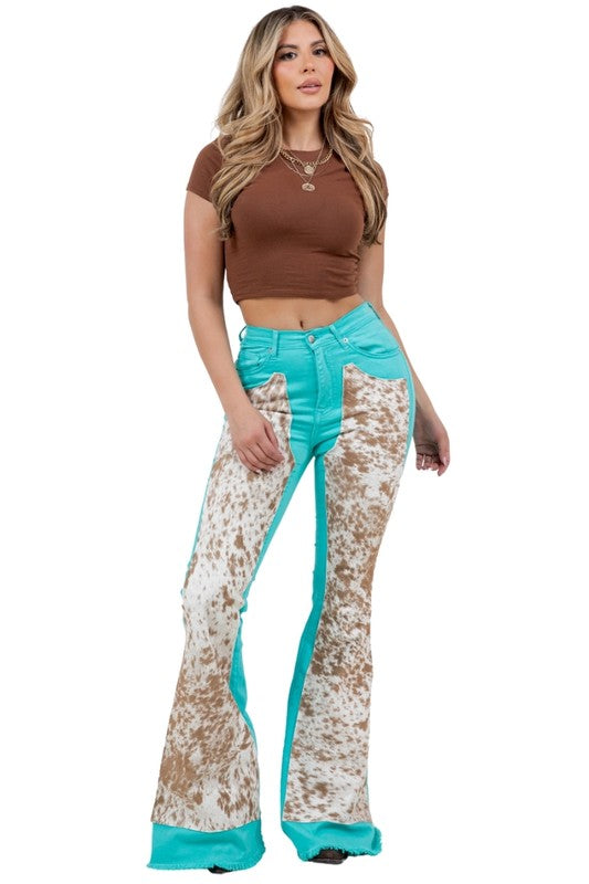 Rodeo Bell Bottom Turquoise/Brown- Inseam 34 - Tigbul's Variety Fashion Shop
