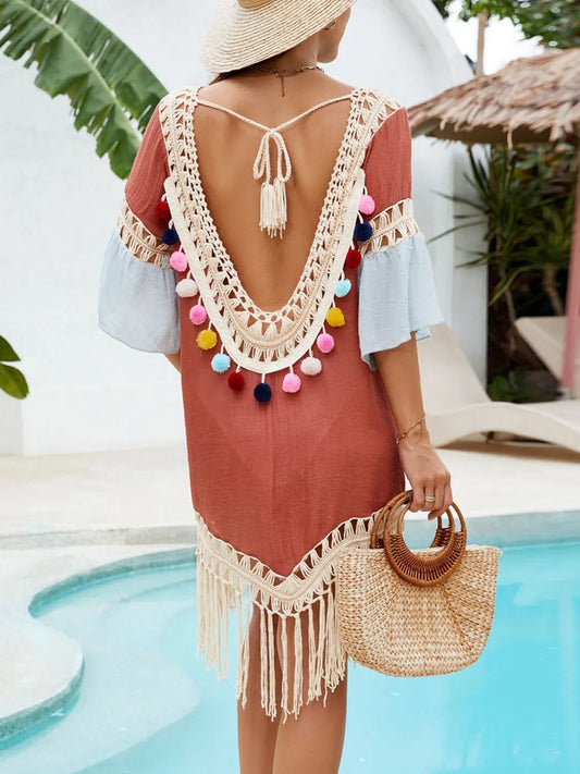 Backless Tassel Hem V-Neck Cover-Up - Tigbul's Variety Fashion Shop