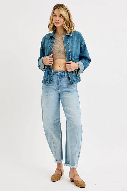 RISEN Oversized Cargo Pocket Denim Jacket with Cuffed Sleeves - Tigbul's Variety Fashion Shop