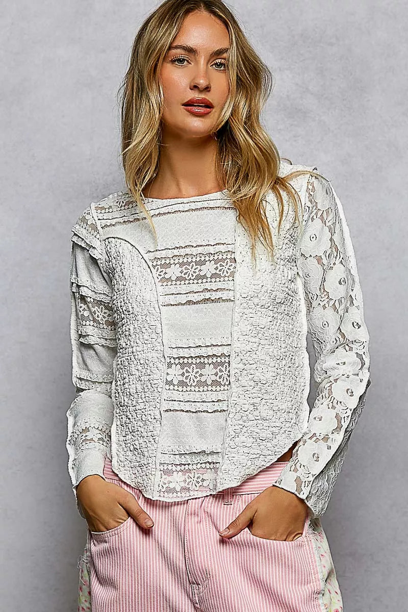 POL Round Neck Long Sleeve Exposed Seam Top with Lace Detail - Tigbul's Variety Fashion Shop