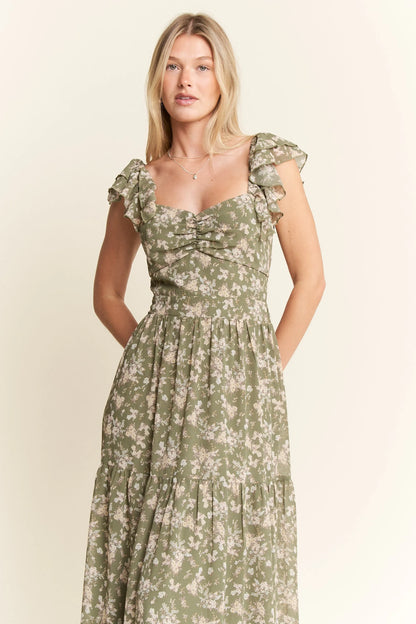 Sage Green Ruffle Sleeve Tiered Maxi Dress - Tigbul's Variety Fashion Shop