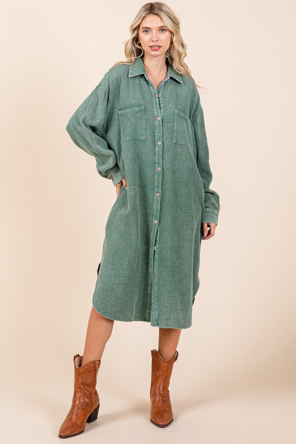 Green Mineral Wash Cotton Gauze Midi Shirt Dress - Tigbul's Variety Fashion Shop