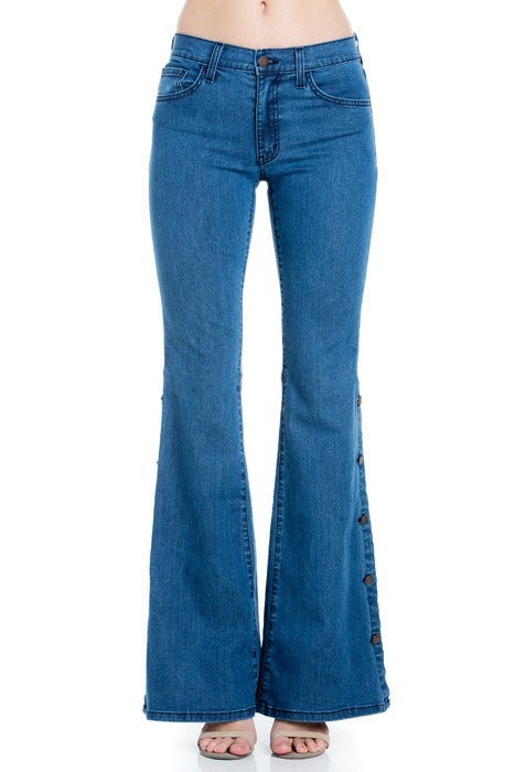 Medium wash denim wide-leg jeans, high-rise, front buttoned flare with gold stitching