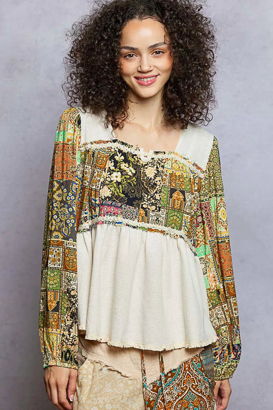 POL Balloon Sleeve Peplum Blouse with Trim Detail - Tigbul's Variety Fashion Shop
