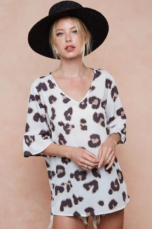 BiBi Leopard Printed V Neck Woven Top with Ruffled - Tigbul's Variety Fashion Shop