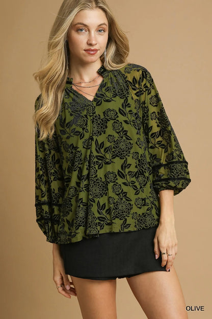 Umgee Full Size Floral Velvet Blouse with Balloon Sleeves Plus Size - Tigbul's Variety Fashion Shop