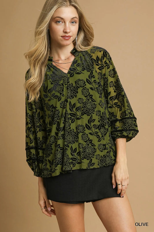 Umgee Full Size Floral Velvet Blouse with Balloon Sleeves Plus Size - Tigbul's Variety Fashion Shop