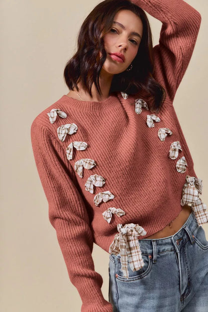 SO ME Checkered Plaid Tape Lace Up Ribbed Sweater - Tigbul's Variety Fashion Shop