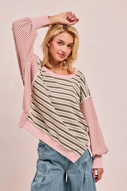 BiBi Stripe Mixed Top With Cut Edge And Reverse Outseam - Tigbul's Variety Fashion Shop