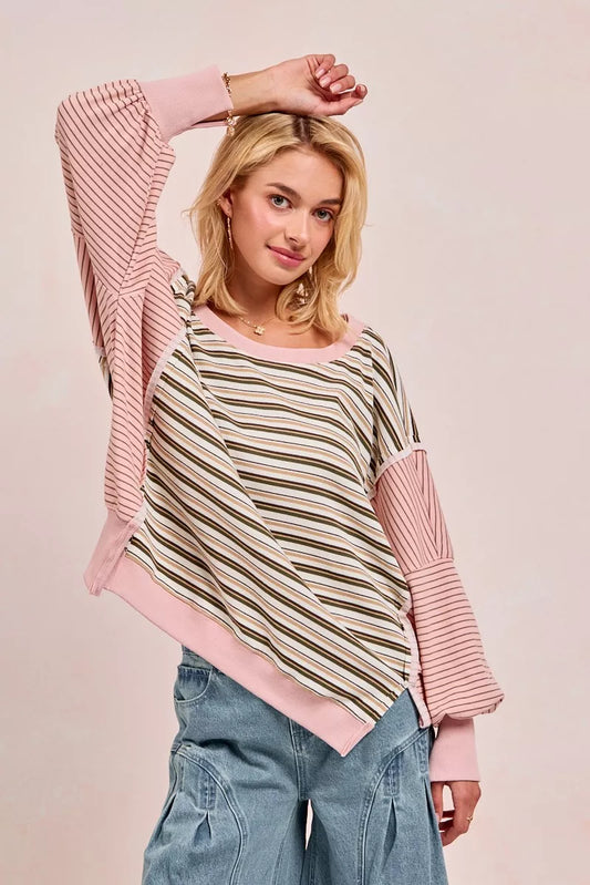 BiBi Stripe Mixed Top With Cut Edge And Reverse Outseam - Tigbul's Variety Fashion Shop
