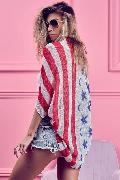 American Flag Theme Cocoon Knit Cardigan - Tigbul's Variety Fashion Shop