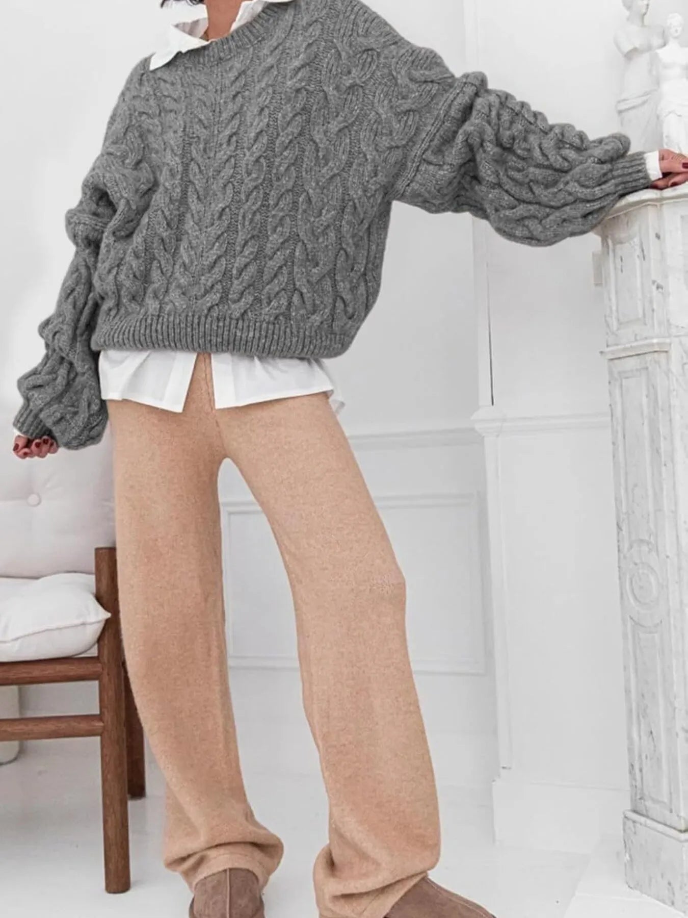 Cable Knit Long Sleeve Sweater - Tigbul's Variety Fashion Shop