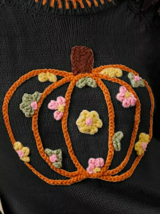 Black Pumpkin Floral Embroidered Thanksgiving Sweater - Tigbul's Variety Fashion Shop
