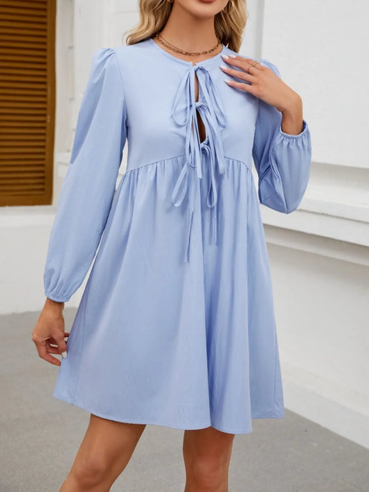 Tie Front Long Sleeve Mini Dress - Tigbul's Variety Fashion Shop
