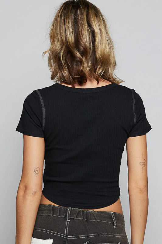 POL Contrast Stitching Round Neck Crop T-Shirt - Tigbul's Variety Fashion Shop