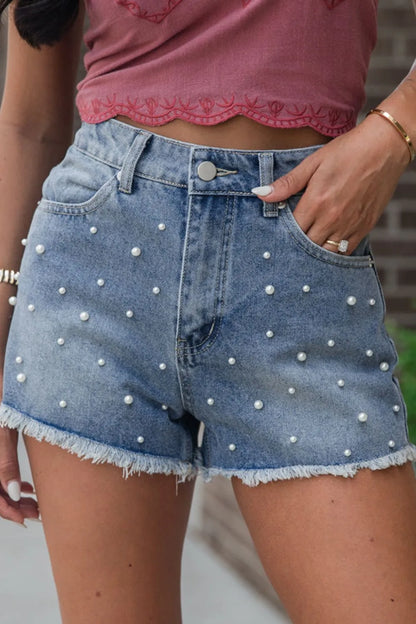Pearl Beaded Raw Hem Wash Denim Shorts - Tigbul's Variety Fashion Shop