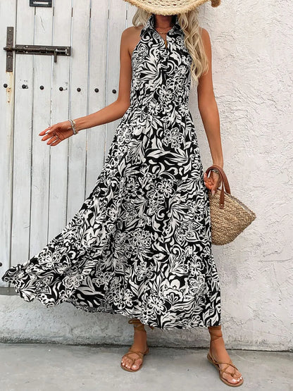 Backless Smocked Printed Sleeveless Black Midi Dress - Tigbul's Variety Fashion Shop