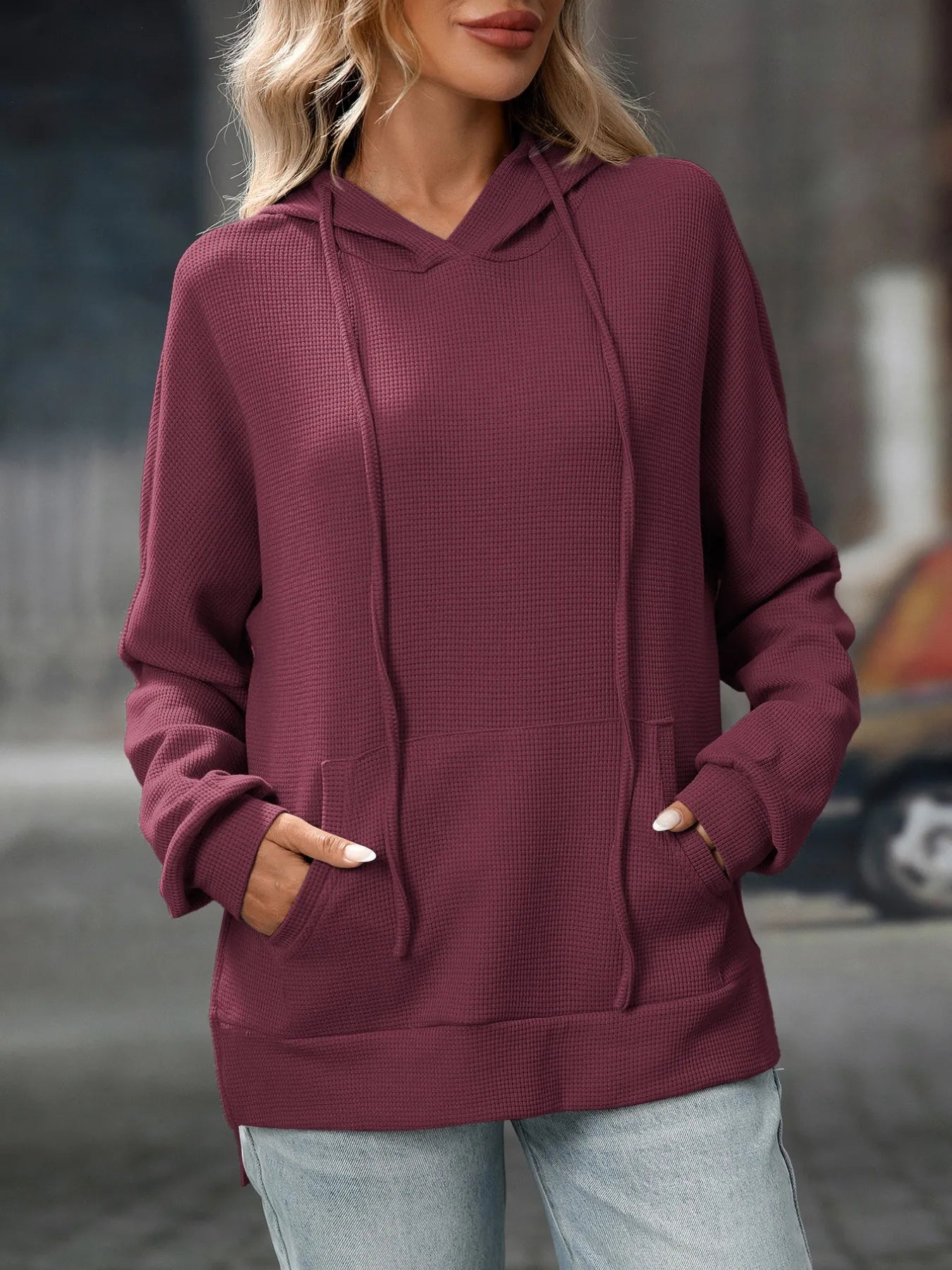 Textured Drawstring Long Sleeve Hoodie - Tigbul's Variety Fashion Shop
