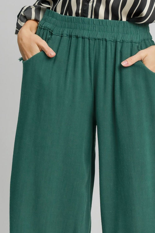 Umgee Full Size Linen Blend Elastic Waistband Wide Leg Pants Plus Size - Tigbul's Variety Fashion Shop