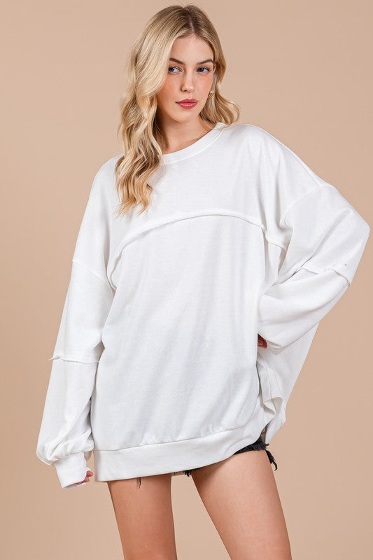 White Exposed Seam Long Sleeve Sweatshirt - Tigbul's Variety Fashion Shop