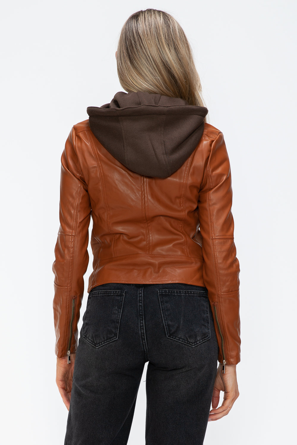 Faux Leather Zip Up Drawstring Hooded Jacket in Camel